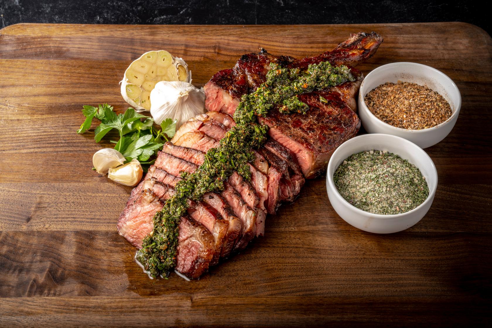 Spice-Rubbed Cowboy Steak with Chimichurri